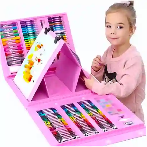 Set Kit Arte Niños Maleta Crayón Acuarela Plumón 208 Piezas Rosado