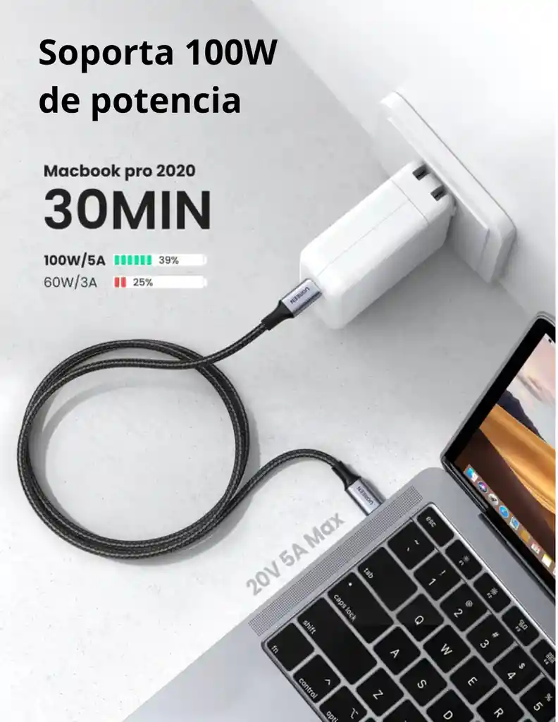 Cable Usb-c A Usb-c Ugreen De Aluminio Reforzado 100w 1m