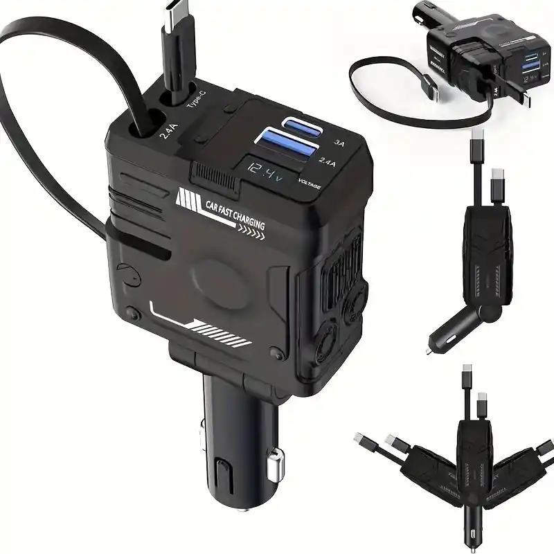 Cargador De Carro 4 En 1 A1 Con Pantalla De Voltaje, Cables Tipo-c Y Lightning