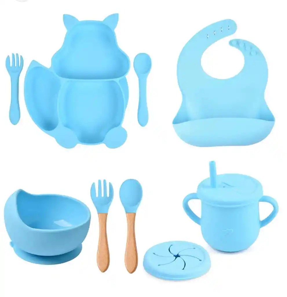 Set Vajilla Bebe En Silicona Kit Alimentacion Niños Diseño Ardilla