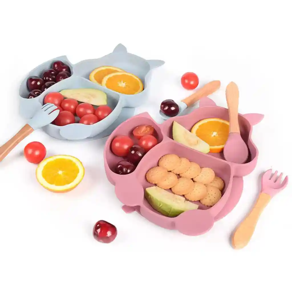 Set Vajilla Bebe En Silicona Kit Alimentacion Niños Diseño Ardilla