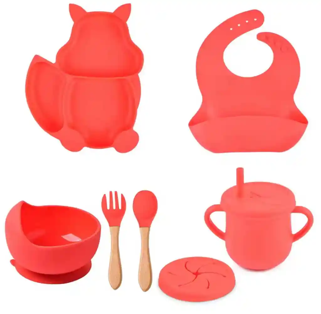 Set Vajilla Bebe En Silicona Kit Alimentacion Niños Diseño Ardilla