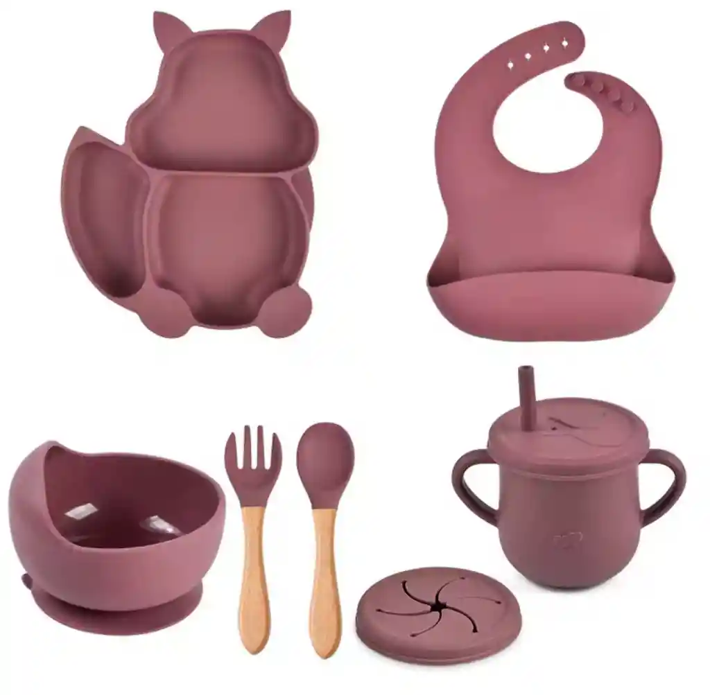 Set Vajilla Bebe En Silicona Kit Alimentacion Niños Diseño Ardilla