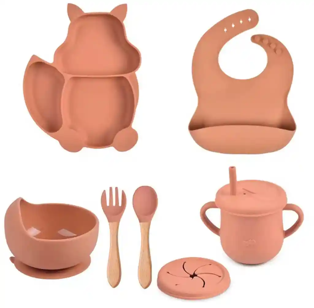 Set Vajilla Bebe En Silicona Kit Alimentacion Niños Diseño Ardilla