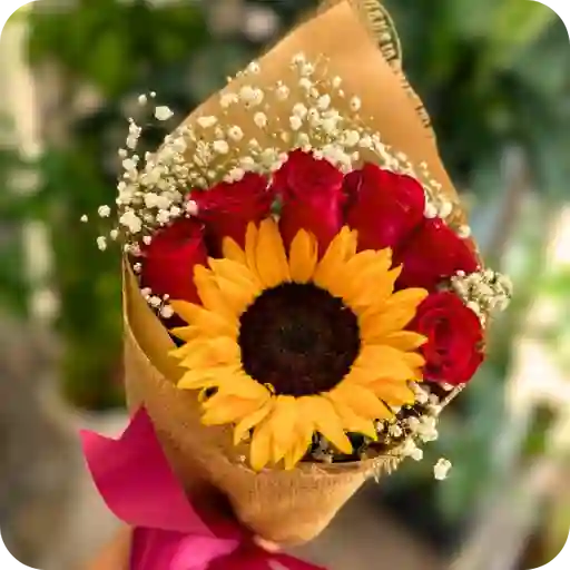Bouquet De 5 Rosas Rojas & Girasol