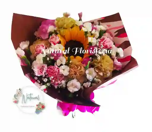 Bouquet De 16 Claveles Surtidos Y Girasol.