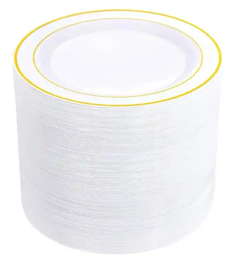 Platos Dorados 26cms Desechables Blanco Borde Dorado, Platos De Lujo, Platos Elegantes