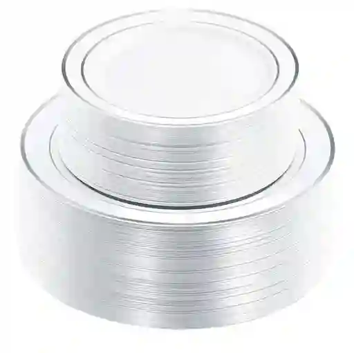 Set Borde Plateado X12 Unidades , Platos De Lujo, Platos Elegantes De Plástico