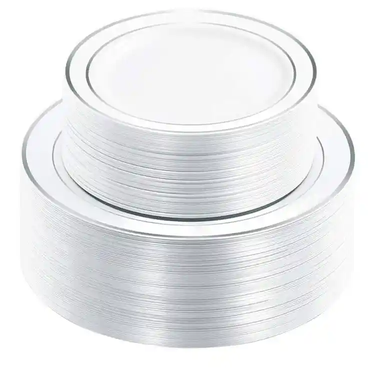 Set Borde Plateado X12 Unidades , Platos De Lujo, Platos Elegantes De Plástico