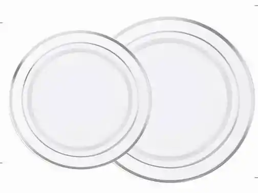 Set Borde Plateado X12 Unidades , Platos De Lujo, Platos Elegantes De Plástico