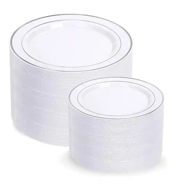 Set Borde Plateado X12 Unidades , Platos De Lujo, Platos Elegantes De Plástico