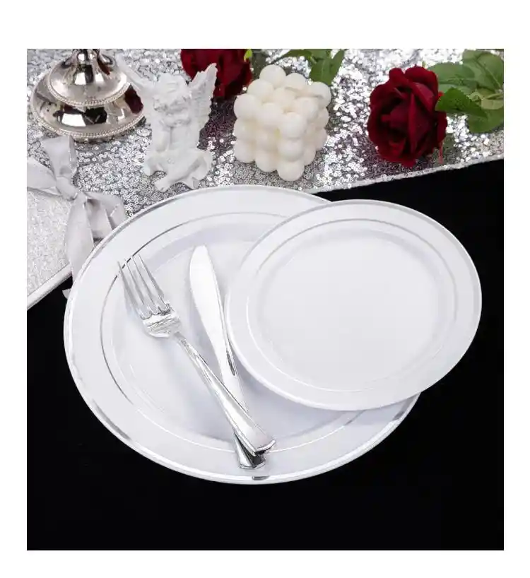 Set Borde Plateado X12 Unidades , Platos De Lujo, Platos Elegantes De Plástico