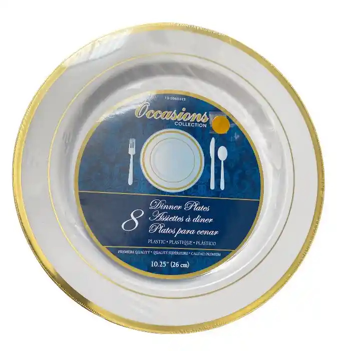Platos Dorados 26cms Desechables Blanco Borde Dorado, Platos De Lujo, Platos Elegantes