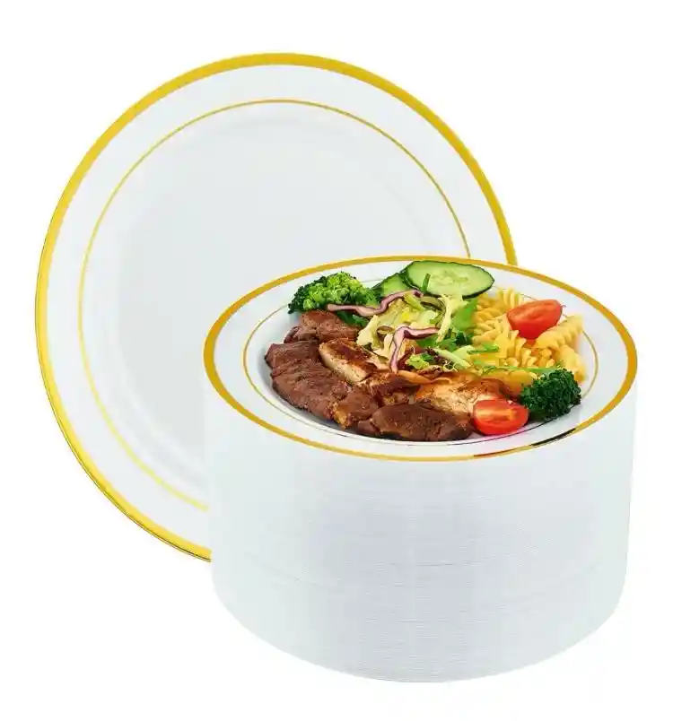Platos Dorados 26cms Desechables Blanco Borde Dorado, Platos De Lujo, Platos Elegantes