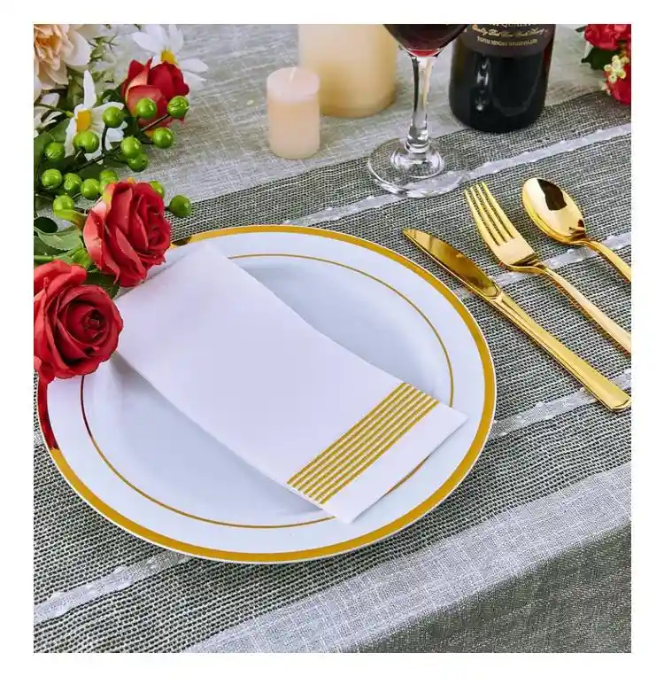 Platos Dorados 26cms Desechables Blanco Borde Dorado, Platos De Lujo, Platos Elegantes