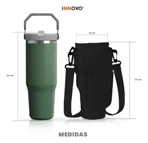Termo 900 Ml Flip Con Funda De Neopreno Rosa Con Correa Y Bolsillos Innovo Negro Con Verde