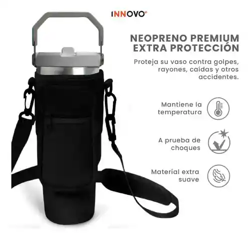 Termo 900 Ml Flip Con Funda De Neopreno Rosa Con Correa Y Bolsillos Innovo Negro Con Verde