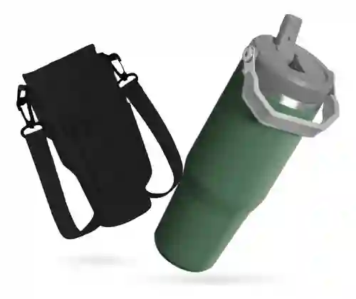 Termo 900 Ml Flip Con Funda De Neopreno Rosa Con Correa Y Bolsillos Innovo Negro Con Verde