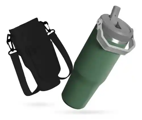 Termo 900 Ml Flip Con Funda De Neopreno Rosa Con Correa Y Bolsillos Innovo Negro Con Verde