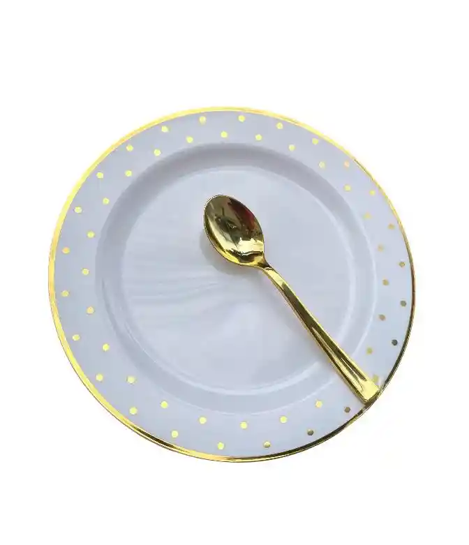 Platos Dorados 18 Cms X 6 Unds , Platos Con Puntos Dorados, Platos De Lujo, Platos Elegantes
