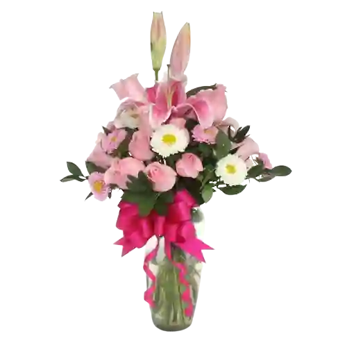 Flor De Rosas Y Lirios, Jarrón Rosado De Amor