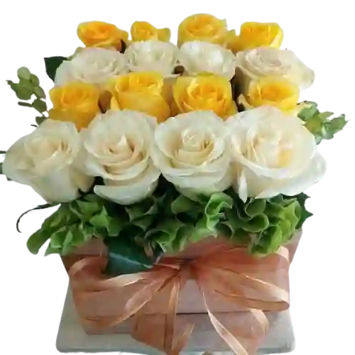 Flor De Rosas Amarillas Y Blancas, Caja Soleada De Rosas