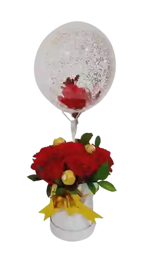 Flor De Rosas Con Globo Y Chocolates,, Caja Globo De Amor