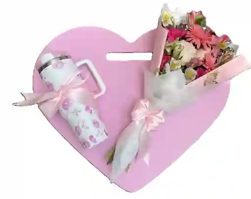 Flores Y Corazón En Madera + Termo De 40 Oz