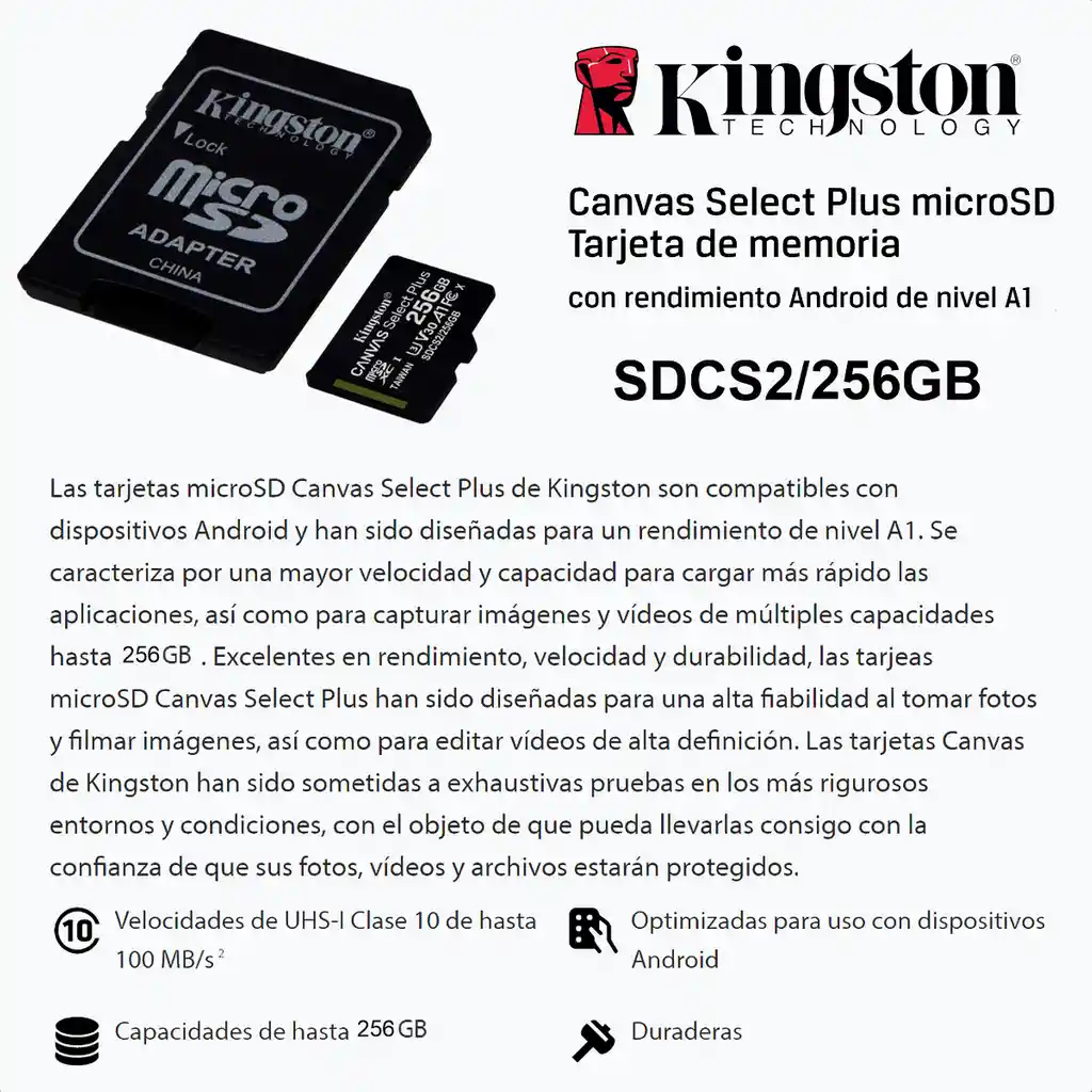 Tarjeta Microsd 256gb Kingston Canvas Select Plus 100mbs