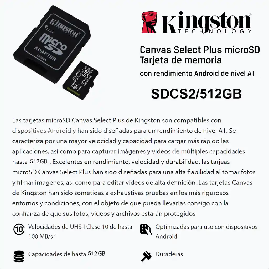 Tarjeta Microsd 512gb Kingston Canvas Select Plus 100mbs