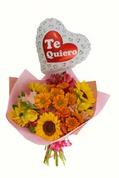 Bouquet De Flores Surtidas Y Girasoles Con Globo