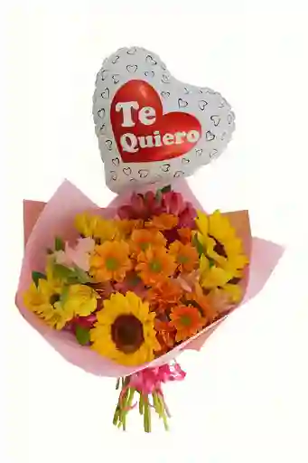 Bouquet De Flores Surtidas Y Girasoles Con Globo
