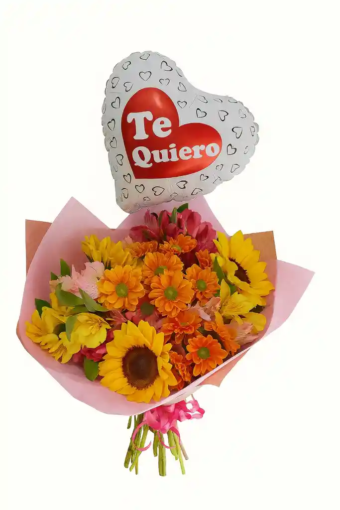 Bouquet De Flores Surtidas Y Girasoles Con Globo