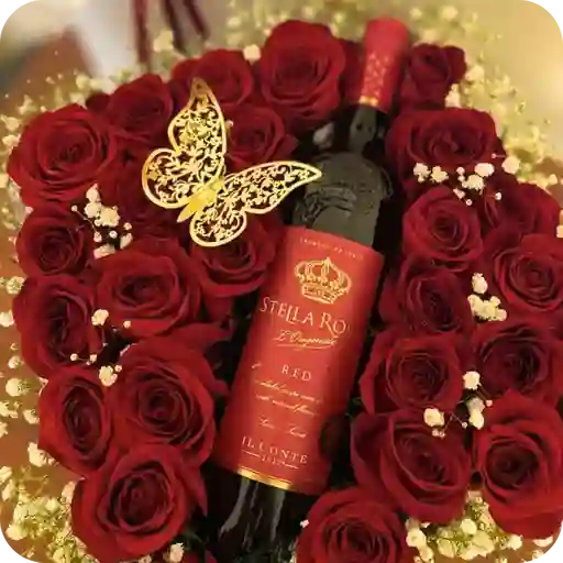 Sembrado Floral De 24 Rosas Rojas + Botella De Vino