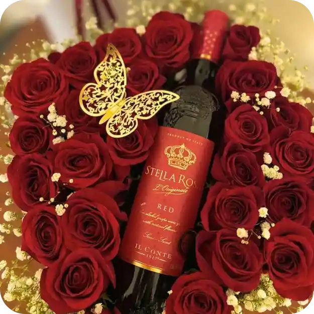 Sembrado Floral De 24 Rosas Rojas + Botella De Vino