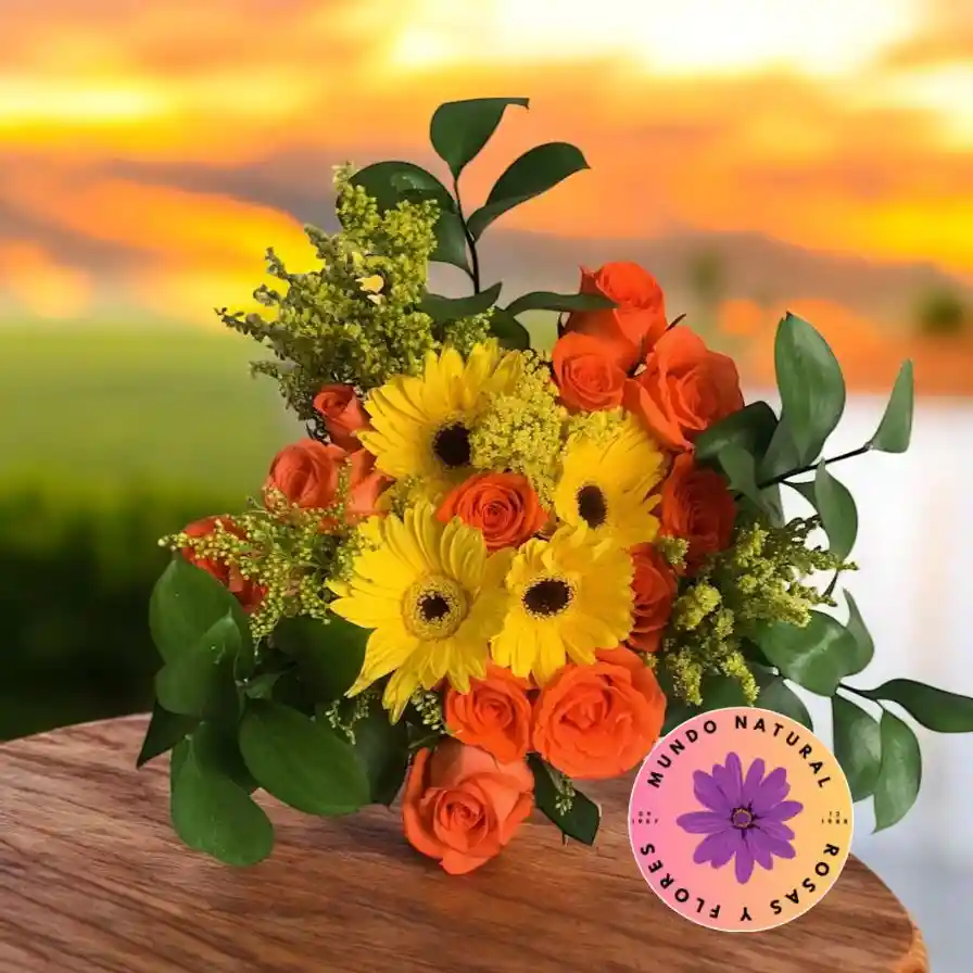 Flores 12 Rosas Naranjas + 3 Gerberas Amarillas