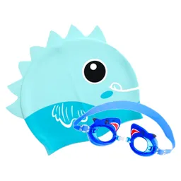 Set Gorro Silicona Niños + Gafas Natación Animales Piscina Tiburoncin Azul 6666
