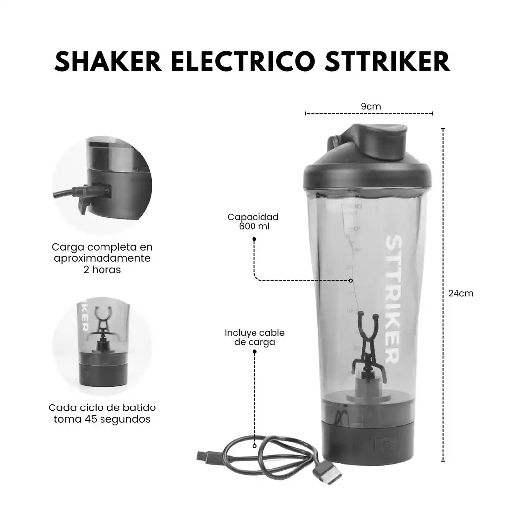 Termo Shaker Eléctrico Botella 700ml Led Recargable Usb