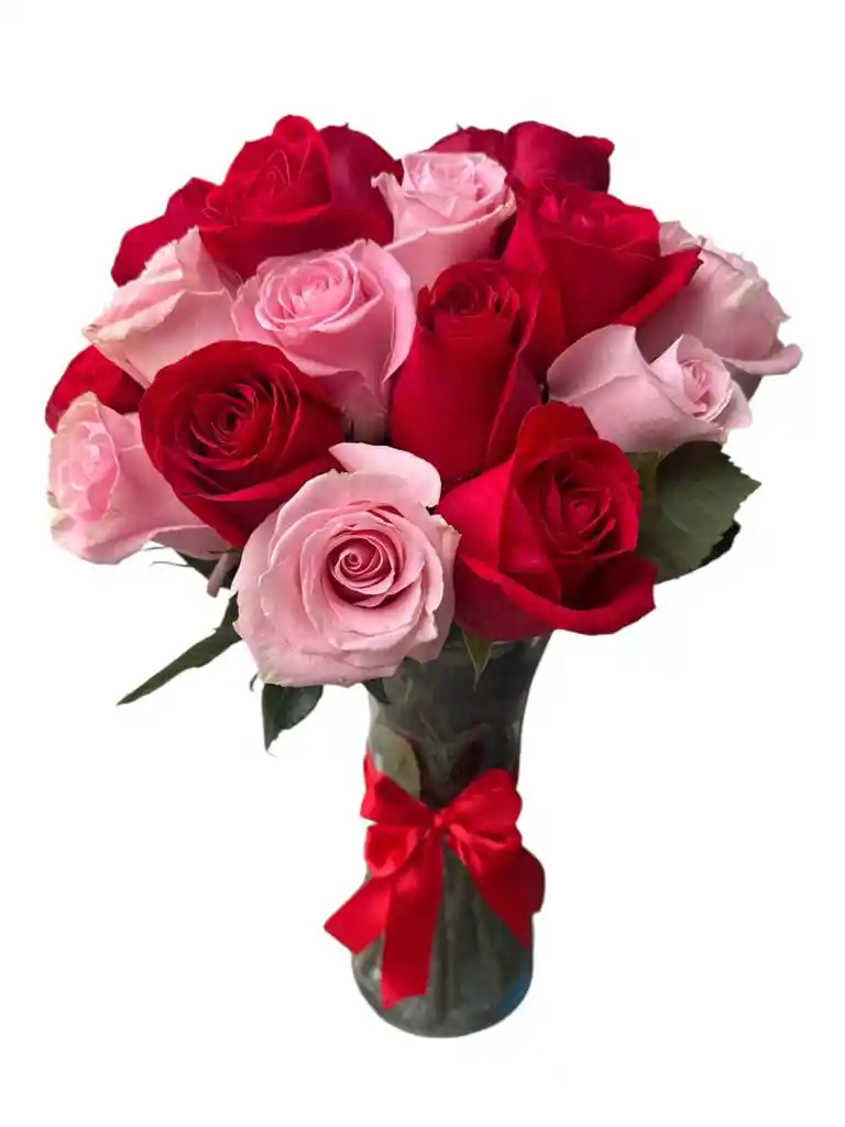 Jarrón De Rosas Rosadas Y Rojas