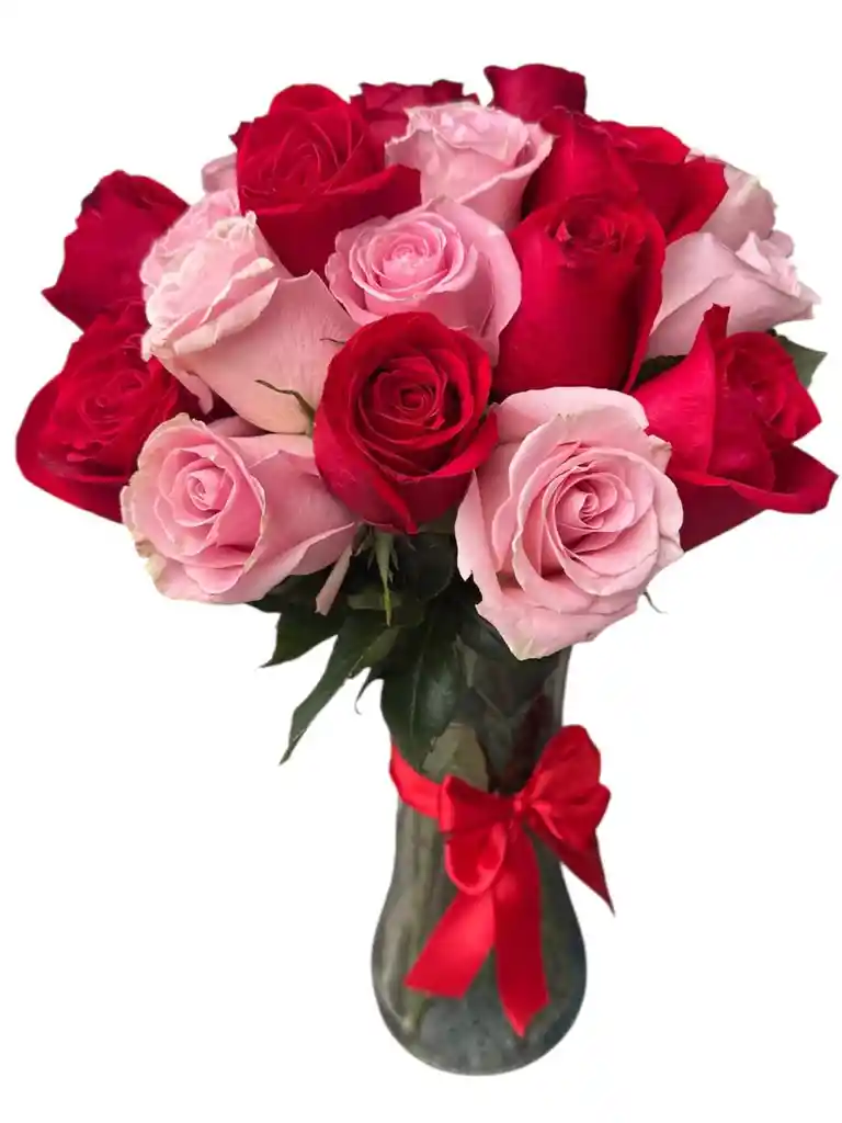 Jarrón De Rosas Rosadas Y Rojas