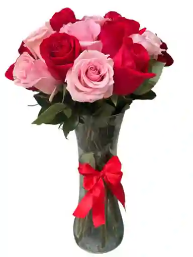 Jarrón De Rosas Rosadas Y Rojas