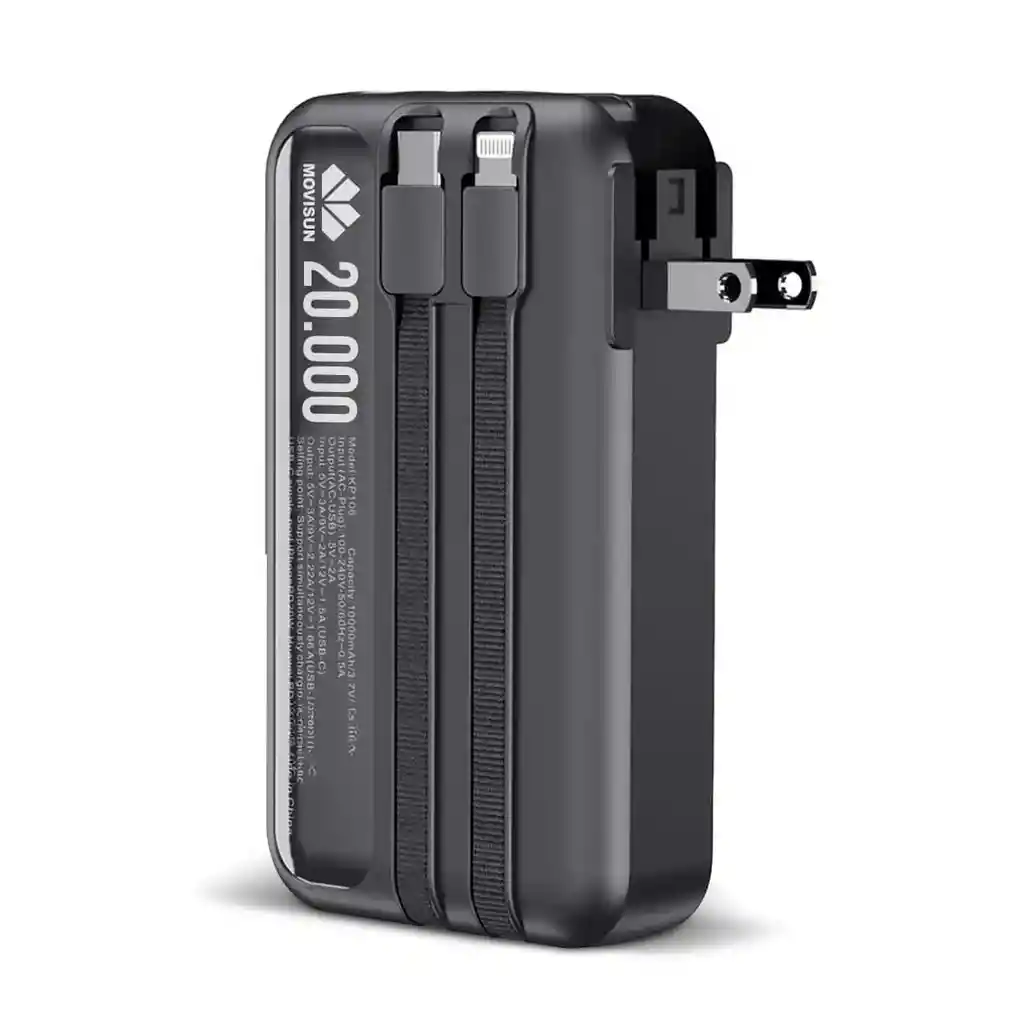Power Bank Carga Turbo 3 En 1 Movisun R20 Plug 20000 Mah Color Negro