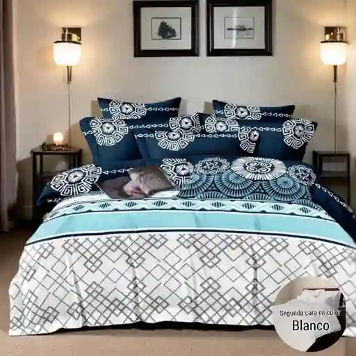 Edredón Estampado - Unicolor Grueso Tamaño Doble Figuras Azules - Blanco