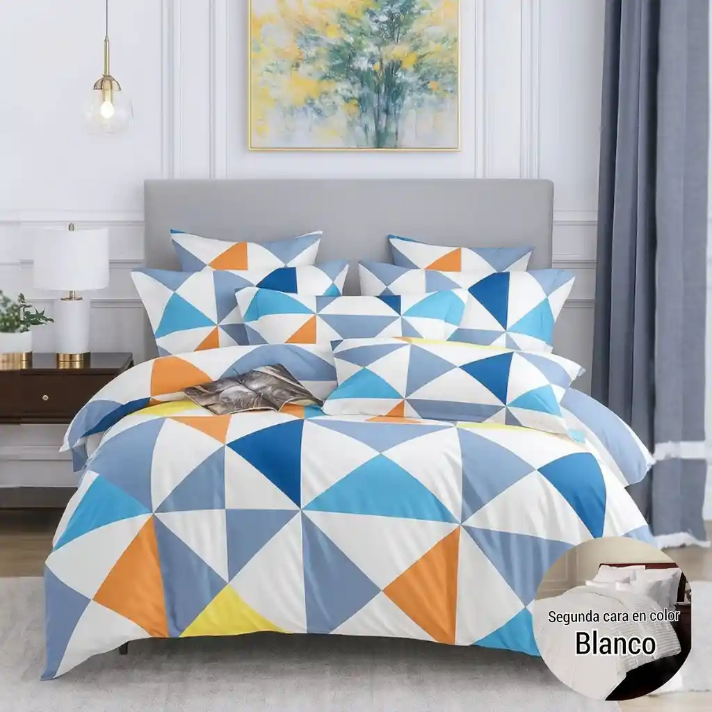 Edredón Estampado - Unicolor Grueso Tamaño Doble Triángulos Azul Blanco Gris - Blanco