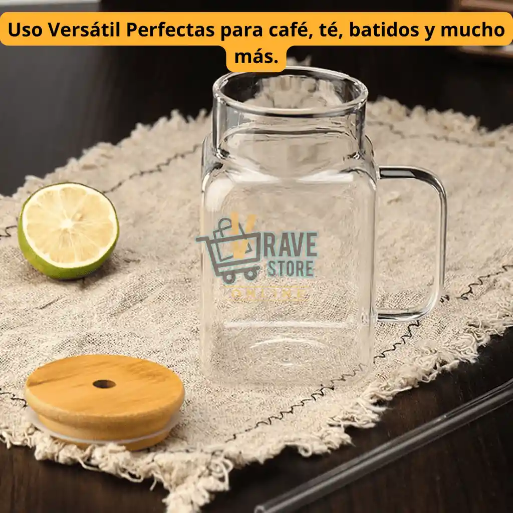Vaso De Vidrio Con Tapa De Bambú Y Pitillo De Vidrio