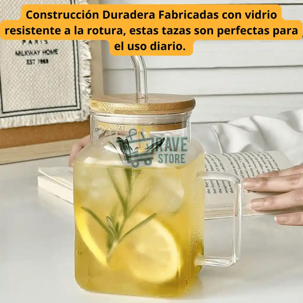 Vaso De Vidrio Con Tapa De Bambú Y Pitillo De Vidrio
