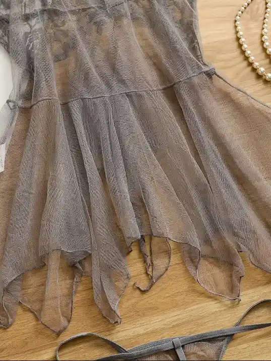 Pijama Elegante De Malla Transparencia Detalles En Encaje - Gris