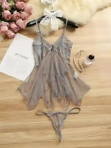 Pijama Elegante De Malla Transparencia Detalles En Encaje - Gris