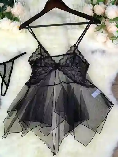 Pijama Elegante De Malla Transparencia Detalles En Encaje - Negro