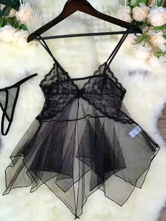 Pijama Elegante De Malla Transparencia Detalles En Encaje - Negro